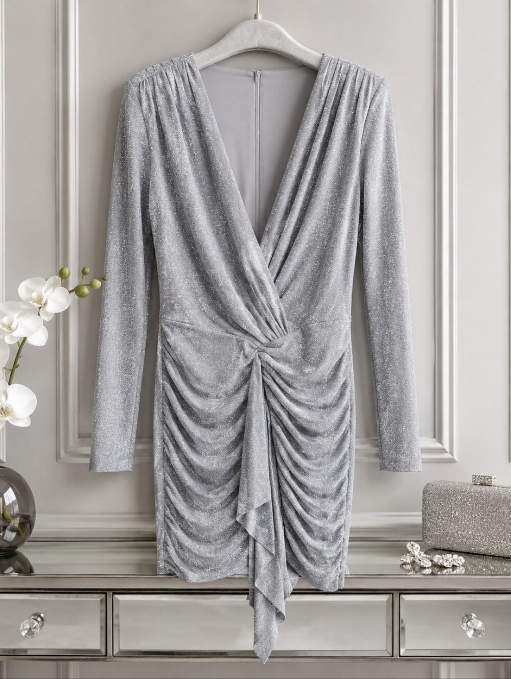 Nwt Alexia Admor Silver Metallic Ruched V-Neck Long Sleeve Mini Dress